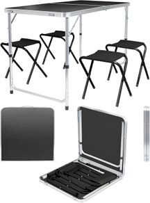 120cm (4ft) Height Adjustable Aluminium Folding Picnic Table with 4 Chairs - Black - 4-Seater Foldable Portable Outdoor Garden Patio Camping BBQ Dining Trestle Furniture