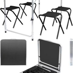 120cm (4ft) Height Adjustable Aluminium Folding Picnic Table with 4 Chairs - Black - 4-Seater Foldable Portable Outdoor Garden Patio Camping BBQ Dining Trestle Furniture