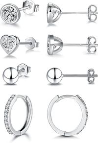 925 Sterling Silver Stud Earrings for Women Girls, Hypoallergenic Silver Hoop Earrings and Stud Earrings Set, Small Cartilage Cubic Zirconia Hoops Earrings, Earring Set for Multiple Piercings