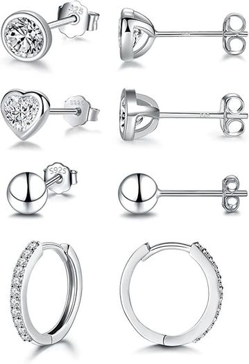 925 Sterling Silver Stud Earrings for Women Girls, Hypoallergenic Silver Hoop Earrings and Stud Earrings Set, Small Cartilage Cubic Zirconia Hoops Earrings, Earring Set for Multiple Piercings