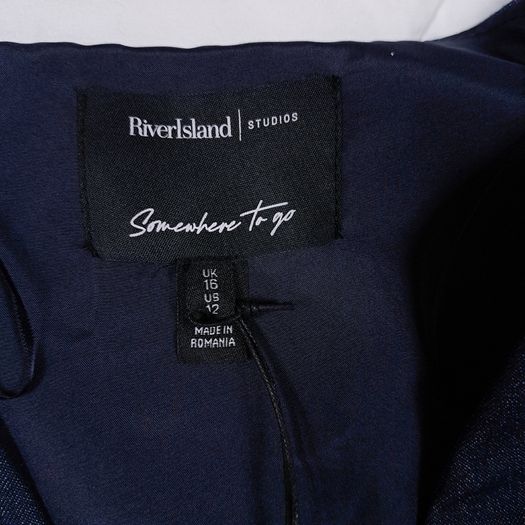 River Island Navy Blue Indigo Denim Longline Waistcoat Sleeveless Blazer 16UK/44EU