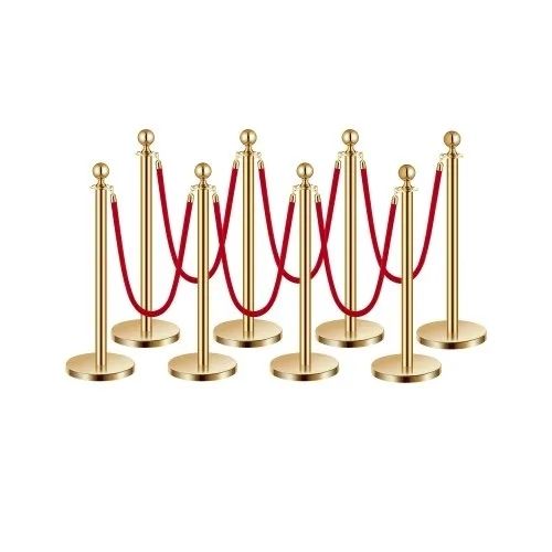 Stanchion Post, 8 Pcs Crowd Control Barrier Set with 6 Red Velvet Ropes, 5 ft Stainless Steel Gold Stanchion Post Queue with Sand Injection Hollow Base for Theater, Party, Wedding, Exhibition