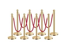 Stanchion Post, 8 Pcs Crowd Control Barrier Set with 6 Red Velvet Ropes, 5 ft Stainless Steel Gold Stanchion Post Queue with Sand Injection Hollow Base for Theater, Party, Wedding, Exhibition