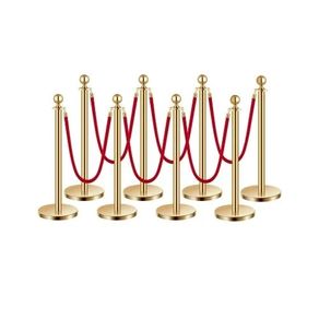 Stanchion Post, 8 Pcs Crowd Control Barrier Set with 6 Red Velvet Ropes, 5 ft Stainless Steel Gold Stanchion Post Queue with Sand Injection Hollow Base for Theater, Party, Wedding, Exhibition
