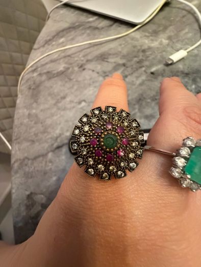 Vintage Ottoman Style Statement Ring Green Ruby Coloured Stones