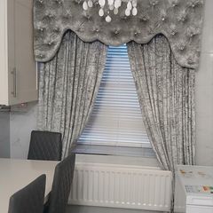 Crushed velvet pelmet board&curtains.