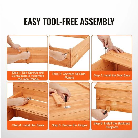 Wooden Sandbox Sand Pit with Foldable Bench Seats and Bottom Liner, Natural Wood Kids Sandbox for Outdoor Backyard