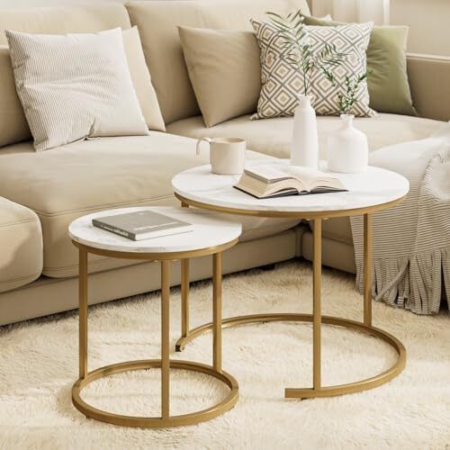 Round Coffee Tables, Removable Set of 2 End Table, Nesting Tables with Gold Metal Frame Legs and Marble White Top for Living Room, Bedroom, Office, Balcony, Apartment (White)