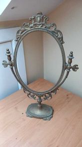 Antique Brass Oval Tilting Vanity Mirror on Ornate Stand