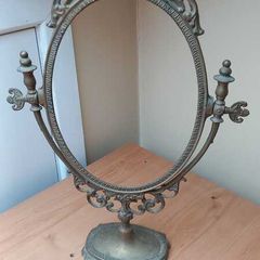 Antique Brass Oval Tilting Vanity Mirror on Ornate Stand
