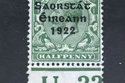 Ireland 1922 Alex Thom Saorstat 0.5d Green With Control Margin U22 Sg52 MH