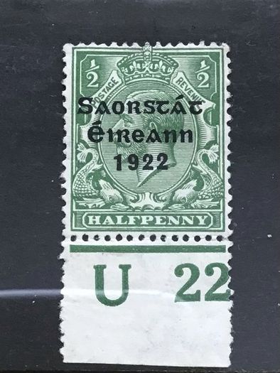 Ireland 1922 Alex Thom Saorstat 0.5d Green With Control Margin U22 Sg52 MH