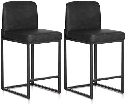 24 Bar Stools Set of 2 Breakfast Chair Pu Leather Kitchen Stools with Backs Bar Stool with Footrest for Kitchen Counter Sturdy Metal Steel Frame, Black