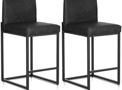 24 Bar Stools Set of 2 Breakfast Chair Pu Leather Kitchen Stools with Backs Bar Stool with Footrest for Kitchen Counter Sturdy Metal Steel Frame, Black