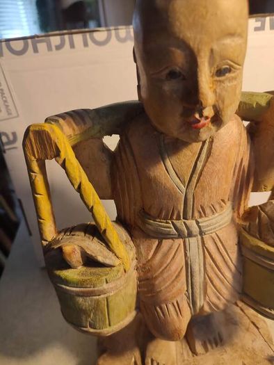 Chinese Polychrome Wood Carving of Boy Carrying Turtles
