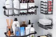 Rustproof Stainless Steel Shower Caddy 5 Pack, Bathroom Storage Accessory Shelf Organiser No Drilling Hanging, Soap Toothbrush Holder Set, Kitchen Wall Mounted Corner Decor, Black
