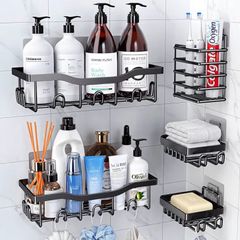 Rustproof Stainless Steel Shower Caddy 5 Pack, Bathroom Storage Accessory Shelf Organiser No Drilling Hanging, Soap Toothbrush Holder Set, Kitchen Wall Mounted Corner Decor, Black