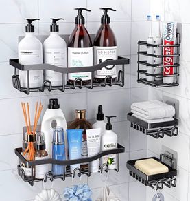 Rustproof Stainless Steel Shower Caddy 5 Pack, Bathroom Storage Accessory Shelf Organiser No Drilling Hanging, Soap Toothbrush Holder Set, Kitchen Wall Mounted Corner Decor, Black