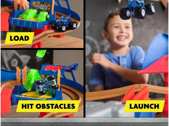 Supercharge Speedway Playset + 2 Monster Jam Trucks (Megalodon and El Toro Loco 1:64 Scale Die-Cast Monster Trucks) Kids Toys