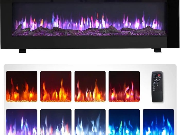 50" Wall Mounted Electric Fireplace, Wilton, Black With 2 Heat Settings 900W-1800W, 9 LED Flame Colour Options and 2 Fuel Bed Options, Media Wall Compatible, Remote Control