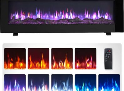 50" Wall Mounted Electric Fireplace, Wilton, Black With 2 Heat Settings 900W-1800W, 9 LED Flame Colour Options and 2 Fuel Bed Options, Media Wall Compatible, Remote Control