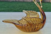 Vintage Amber Hand Blown Glass Swan Center Piece Dish