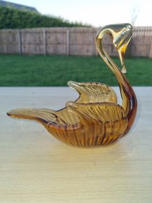 Vintage Amber Hand Blown Glass Swan Center Piece Dish