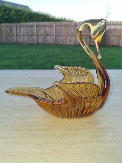 Vintage Amber Hand Blown Glass Swan Center Piece Dish
