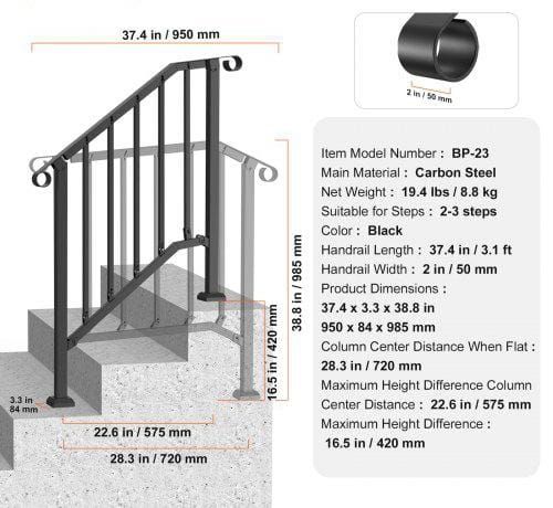 Outdoor Steps, 2-3 Step Stair Hand Rail Kit, Transitional Carbon Steel Railings with Installation Kit, Stair Rails for Seniors, Concrete Steps & Porch & Deck, Black Retro Arch