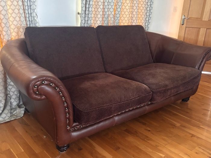 Brown Leather & Fabric 4-Seater Sofa