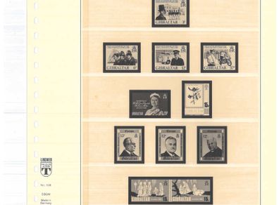 1980-1989 Gibraltar Lindner-T Illustrated 18 Ring Hingless Album Pages with illustrated examples of stamp. Pages 33-53 excluding page 37 & 48 (includes 19 images)