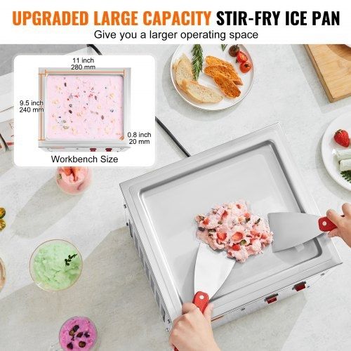 Fried Ice Cream Roll Machine, 11" x 9.5" Stir-Fried Ice Cream Pan, Stainless Steel Rolled Ice Cream Maker with Compressor and 2 Scrapers, for Making Ice Cream, Frozen Yogurt, Ice Cream Rolls