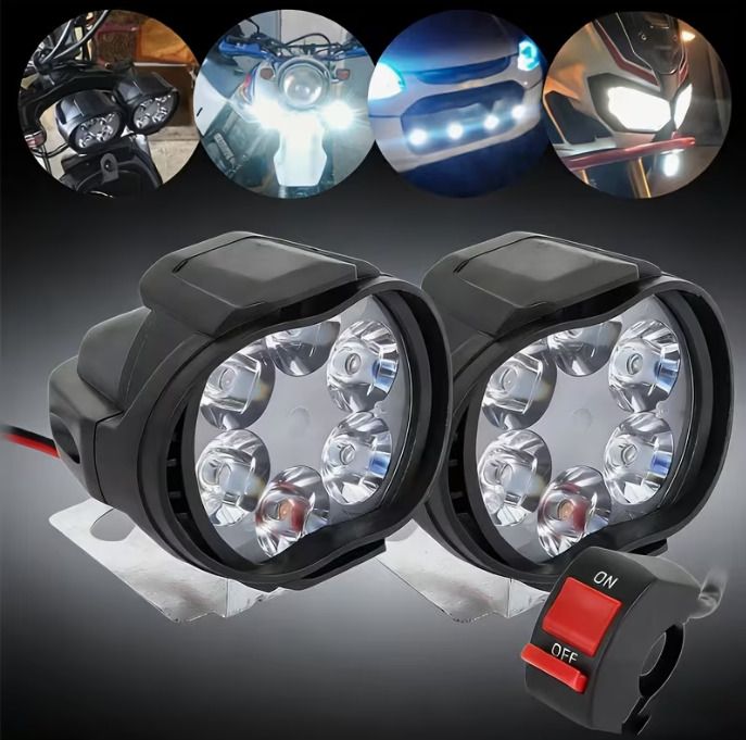 2pcs 6LED Motorcycle Auxiliary Spot Lights+1pc Switch, External LED Driving Headlights, High Brightness