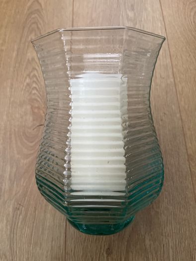 Large 8.5" tall flarred scalloped Aqua Glass Candle Holder or Vase with LED Candle