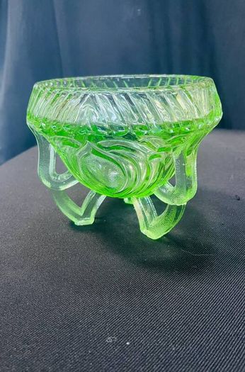 Vintage Sowerby Green glass bowl on three feet