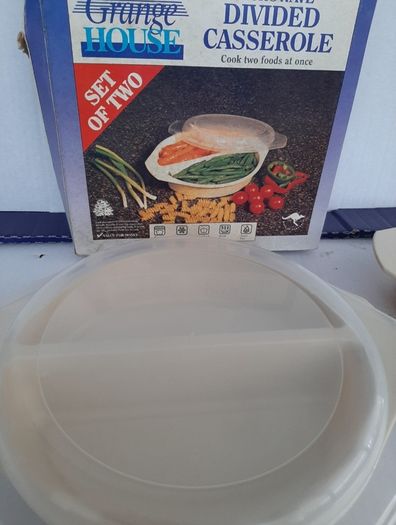 vintage new microwave divided casserole dish x 2