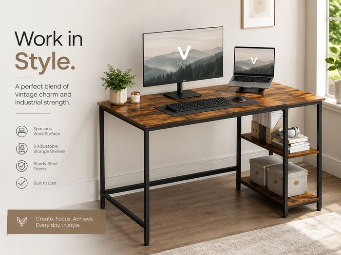 Industrial Computer Desk with Storage Shelves 120 cm Home Office Desk Vintage Brown