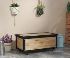Garden Storage Box, 121 Liters, 2 Wheels, Weatherproof, Metal Frame, Natural Wood, 100x50x43 cm