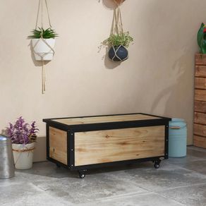 Garden Storage Box, 121 Liters, 2 Wheels, Weatherproof, Metal Frame, Natural Wood, 100x50x43 cm