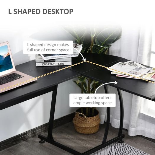 L Shape Computer Desk Corner Display Table Laptop Study Desk Minimalist Space Saving Wood Steel Gaming PC Workstation for Home Office 112.5x152x74cm Black