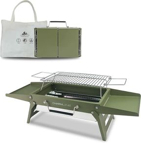 34 x 23 cm Foldable Portable Charcoal Grill, Small Camping Barbecue Charcoal, Picnic Grill, BBQ Grill for Outdoor, Suitable for Gardens, Beaches, Lawns and Table Tops, Green