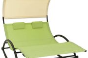 Double Sun Lounger with Canopy Textilene Green and Cream