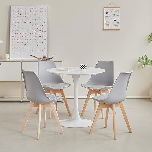 Set of 4 Solid Beech Dining Chairs Retro Upholstered Kitchen Chair Wooden Grey