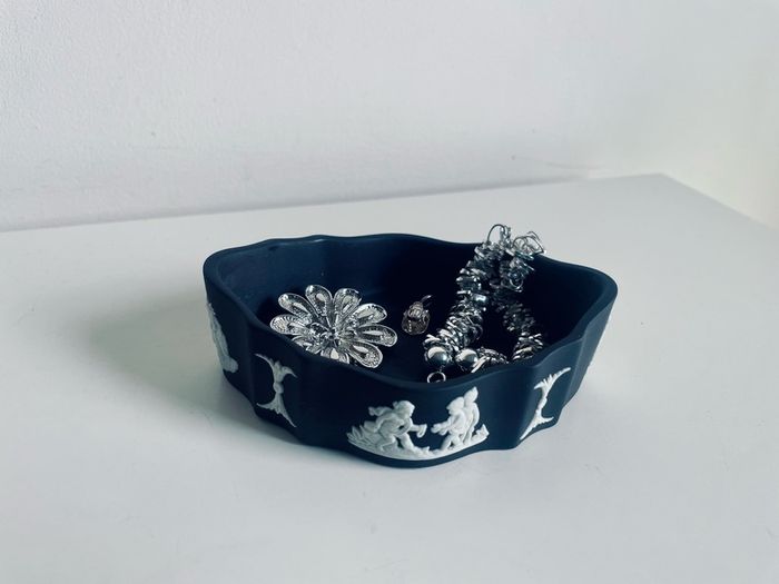 Wedgwood Black Jasperware Bowl Trinket Dish Cherub Relief Made in England