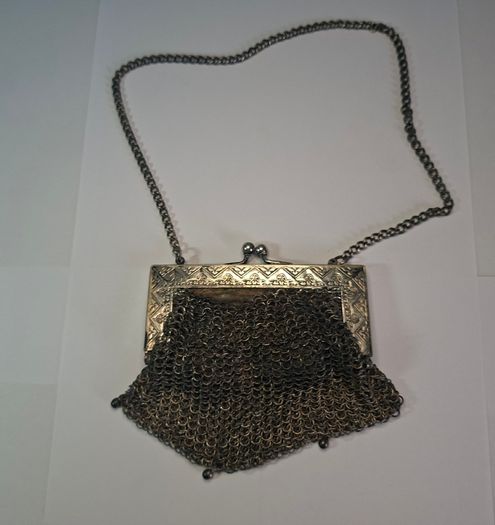 German silver chainmail mesh purse with floral clasp and chain strap