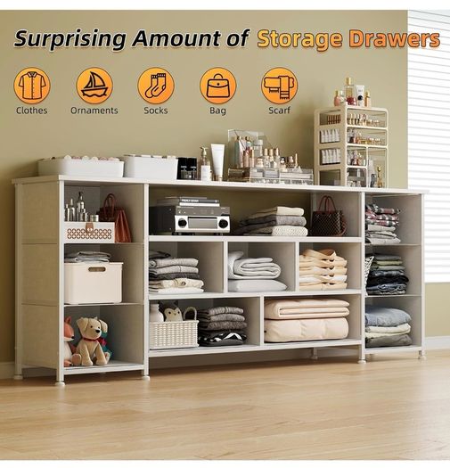 Tv Cabinet, Dresser for Bedroom with 11 Fabric Drawers, TV Stand with Power Socket for TVs up to 70 inch TV Units for Living Room, Bedroom, White