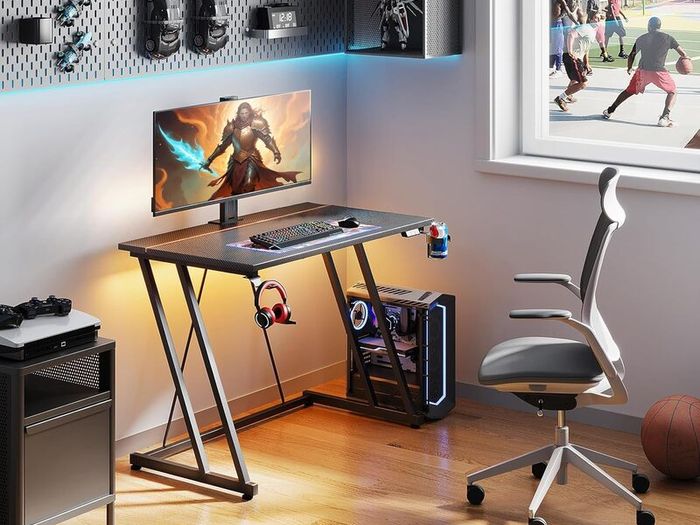 Gaming Desk with LED Lights Table Cup Holder and Headphone Hook Double Z Frame Design Computer Carbon Fiber Black 80 cm