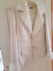 Off White/Cream Faux Fur & Sheepskin Coat - Size 14