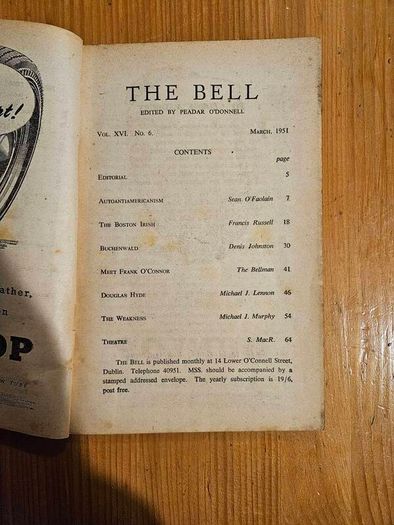 The Dubliner. 1964 Literary Magazines . PLUS THE BELL LITERARY MAGAZINES 1951BOTH IN Good Condition.  See Photos For Same.