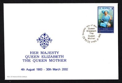 2002 Isle of Man Queen Elizabeth The Queen Mother 4th August 1900-30th March 2002 Commemorative Stamp First Day Cover (FDC)